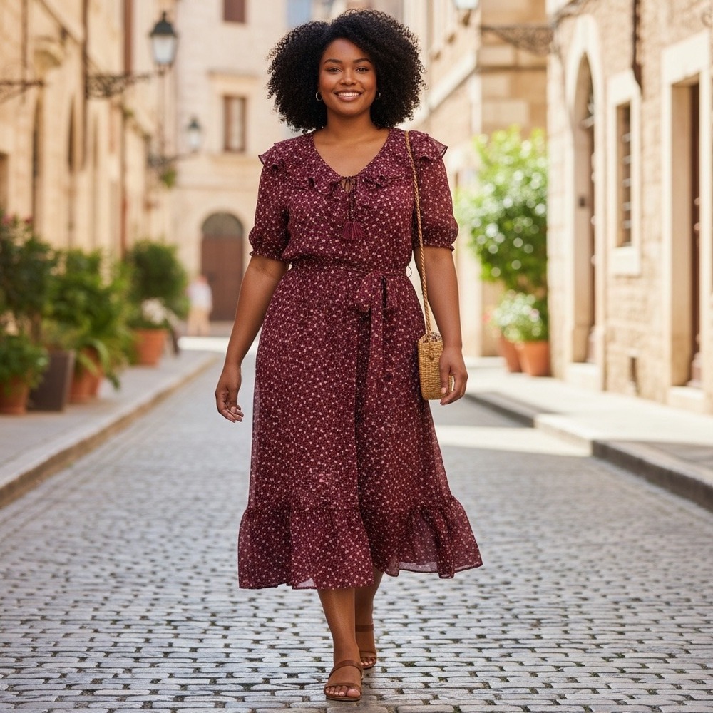 Dark Floral Cottage LOFT Midi Dress XL Short Sleeve Romantic Prairie Fall Autumn